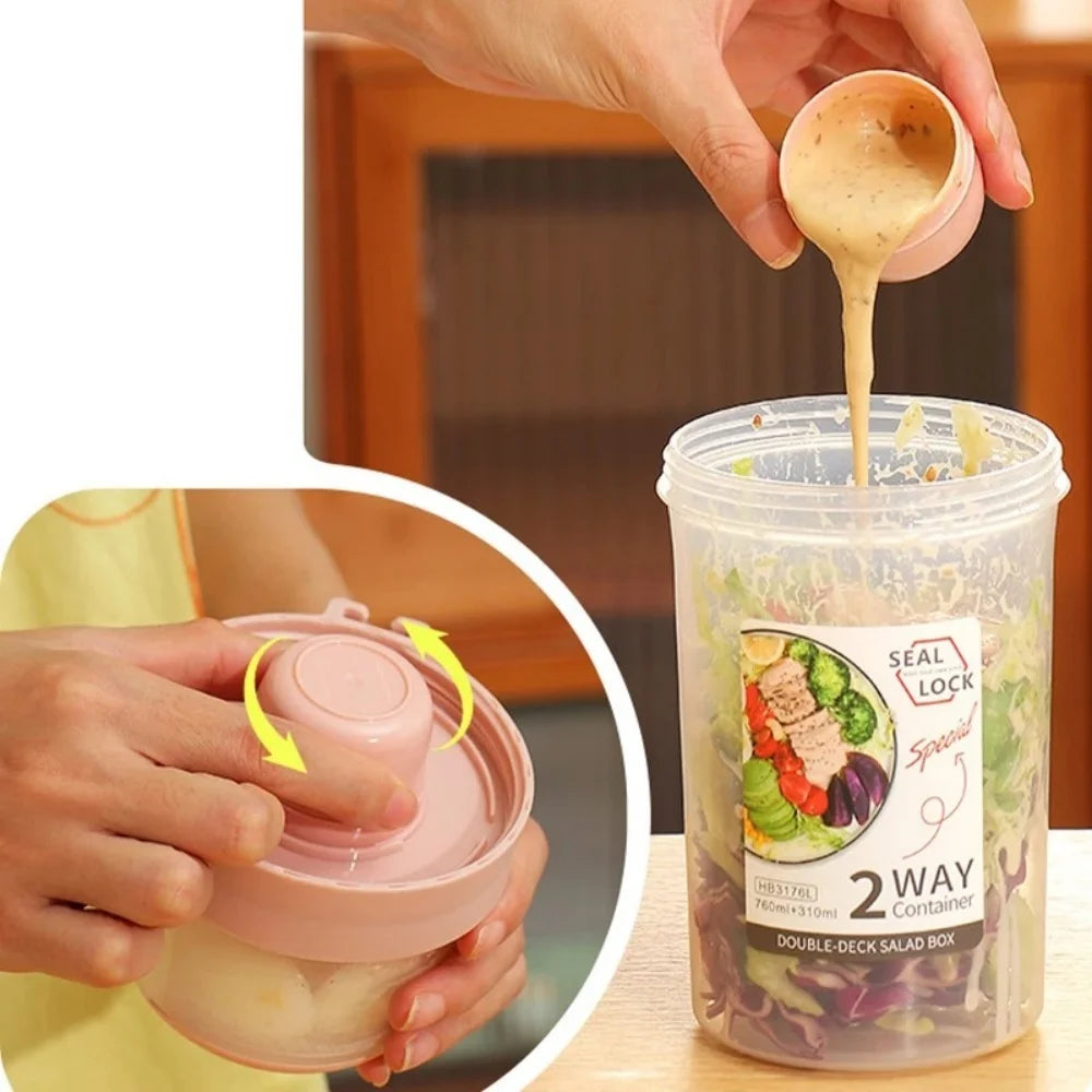 Portable Salad Double Layer Cup Fruits Oatmeal Yogurt Breakfast Lunch Box Food Storage Cup Outgoing Overnight Cup with Lid Spoon Qme
