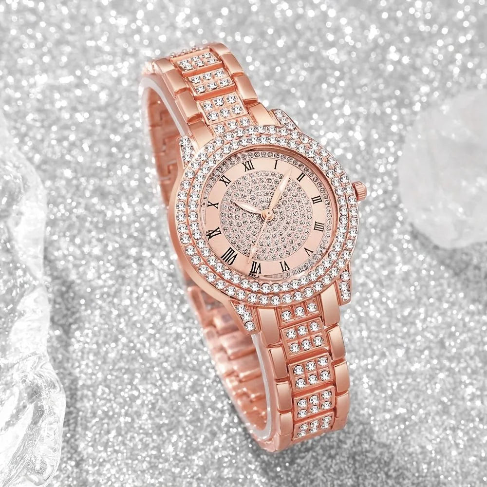 5PCS Luxury Women Roma Dial Quartz Watch Fashion Diamond Ladies Wristwatch Jewelry Set Reloj Mujer Girls Clock (Without Box) Qme
