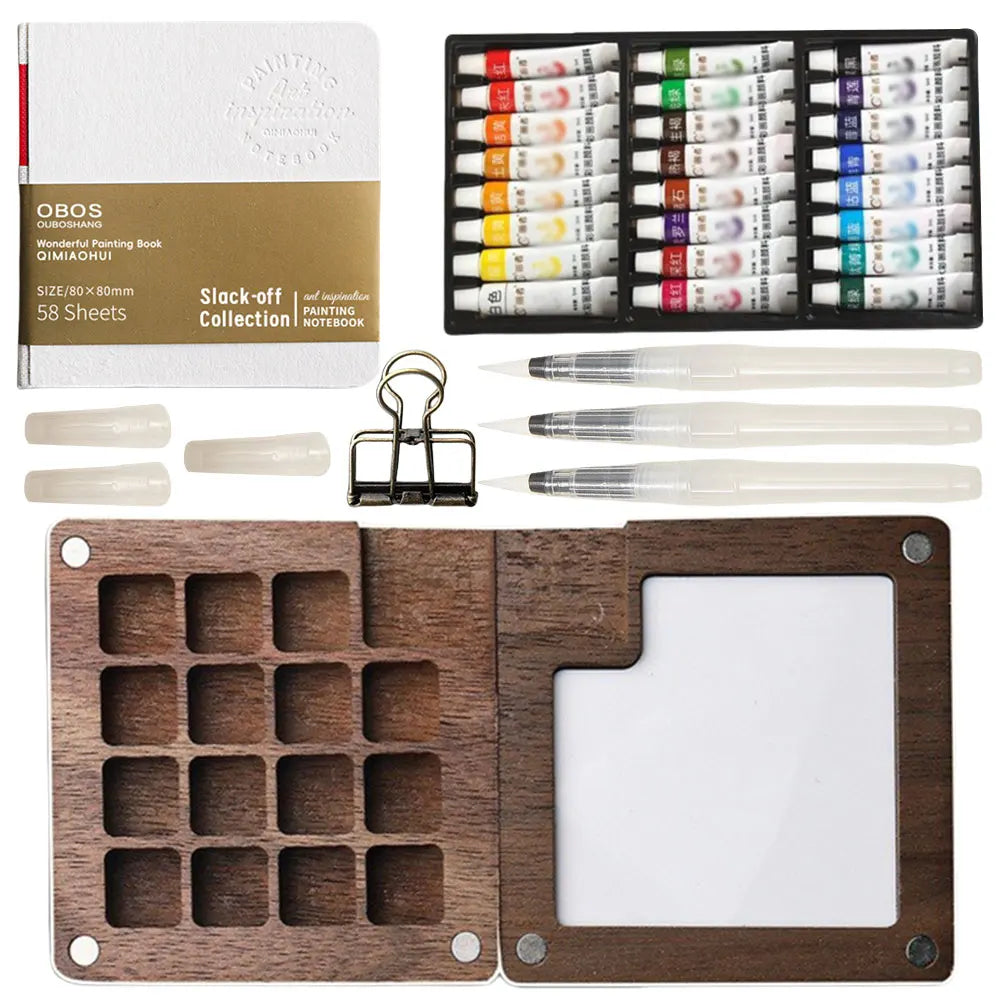 Travel Paint Palette Mini Watercolor Palette Set with Clip Portable Watercolor Set Wooden Grid Paint Box for Watercolor Painting Qme 15 Grid 24 Colors