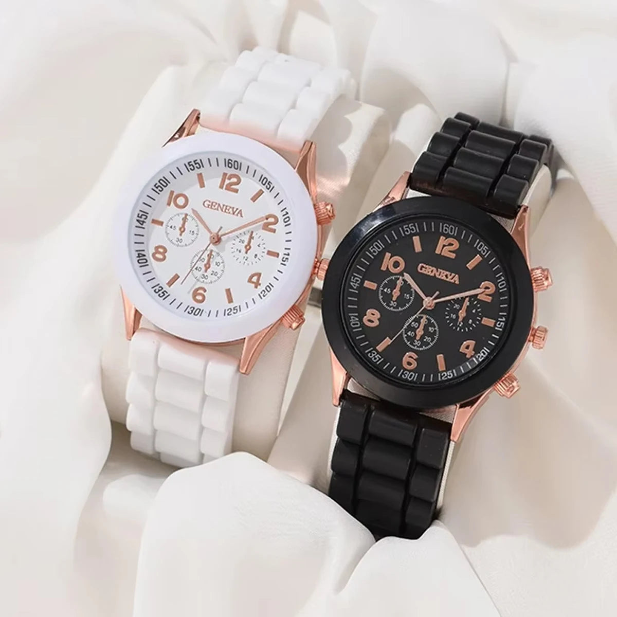 2pcs minimalist silicone tape, niche temperament, three eye casual women's watch, quartz watch Qme White and Black