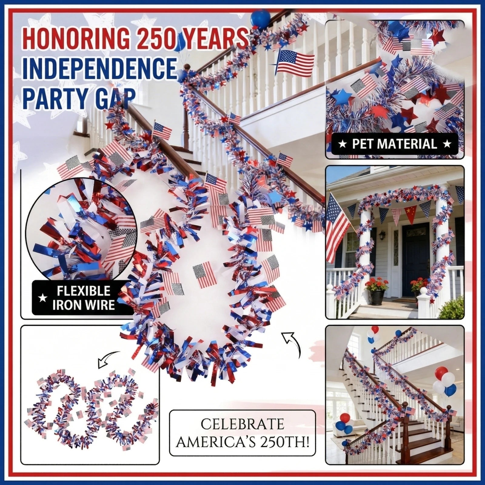 Independence Day Tinsel Banner with Star and Flag Elements Holiday Party DIY Decor for Indoor Outdoor Events and Celebration Qme
