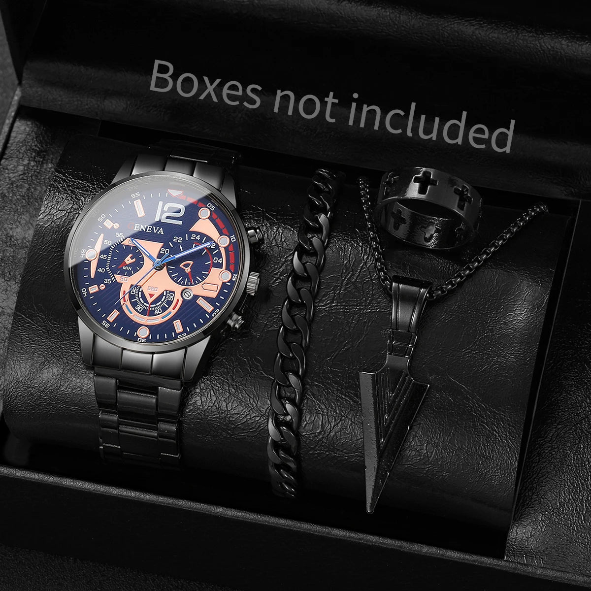 4 pieces/set of men's fashionable business watches, casual quartz watches with calendar and jewelry set, men's watches Qme 3