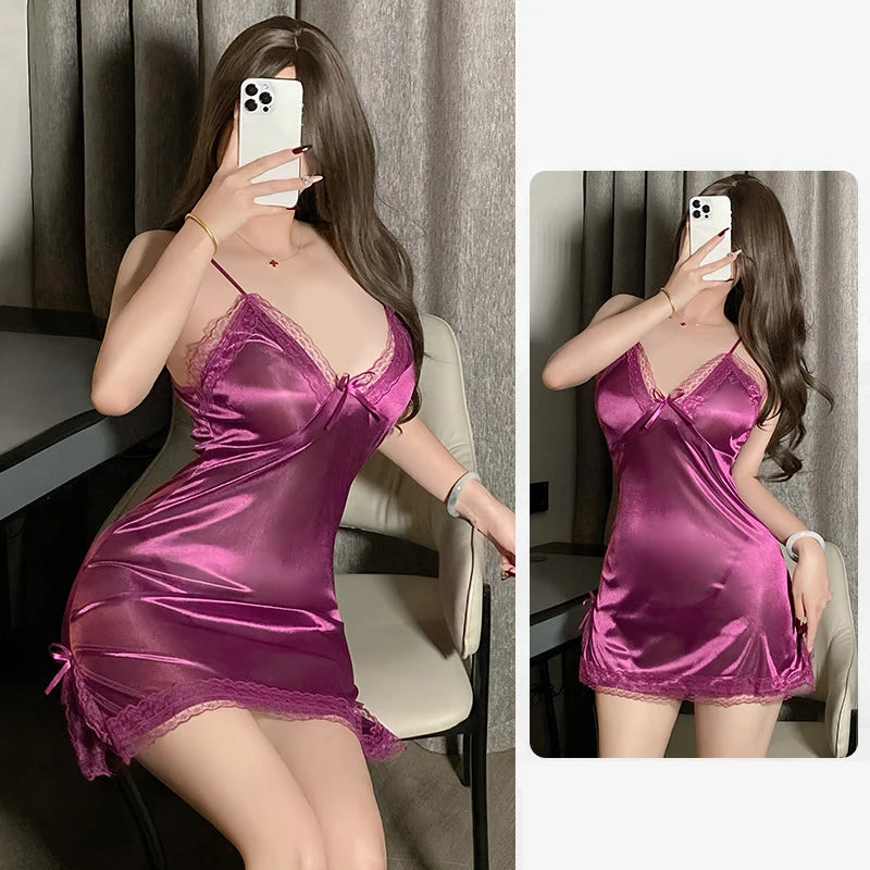 Stylish Lingerie Suspenders Nightdress Women Thin Lace Slit Pajamas Qme Purple One Size