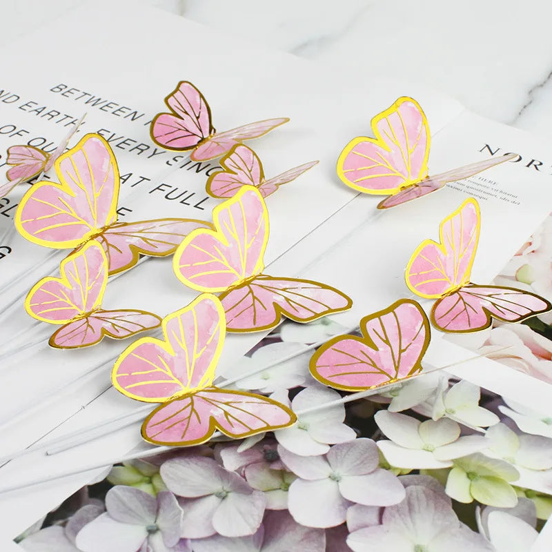 10Pcs/Set Butterfly Cake Toppers Painted Butterfly Birthday Cakes Wedding Party Baking Supplies Fairy Decoration Plug-in Card. Qme