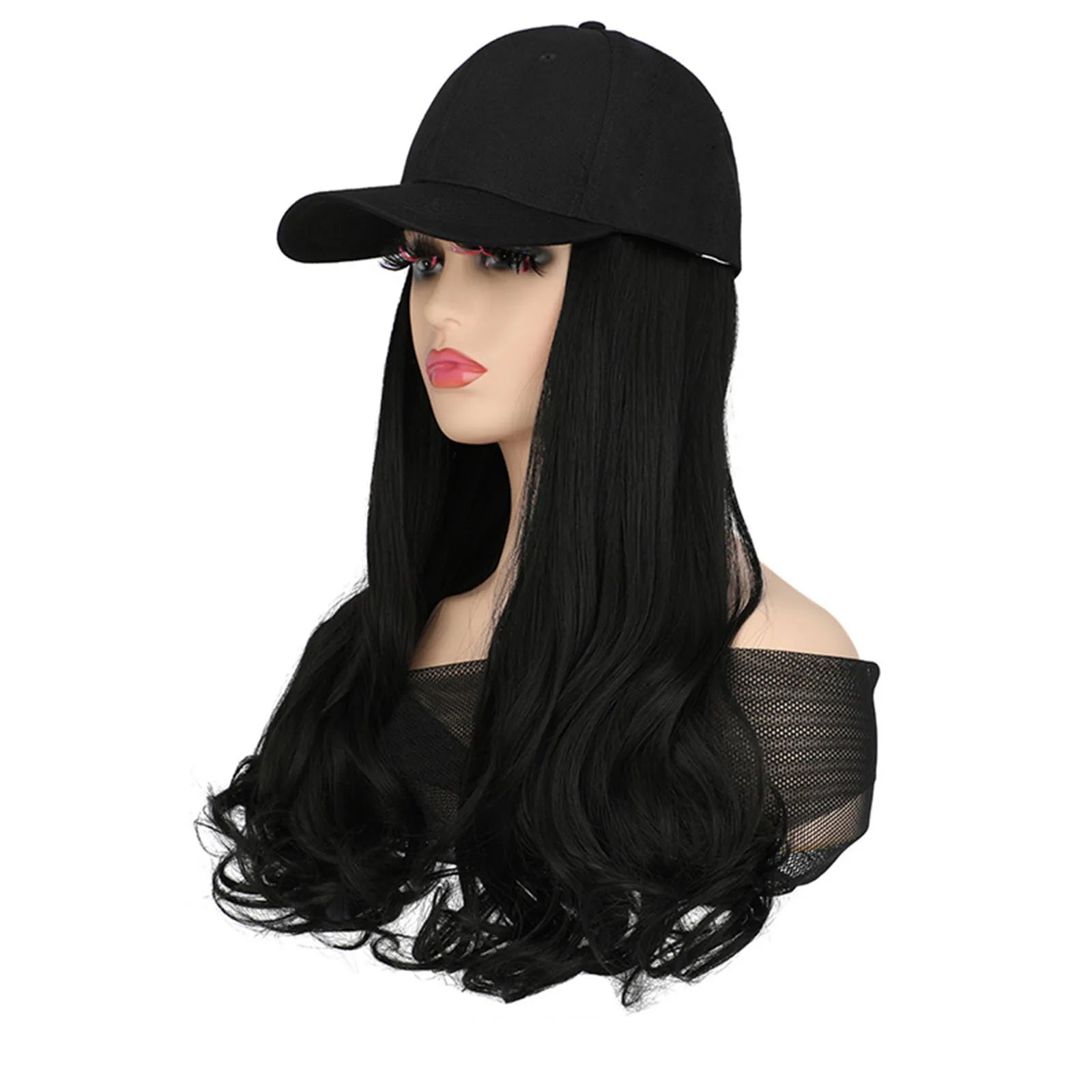 Baseball Cap With Hair Extensions Long Curly Hairstyle Adjustable Removable Black Wig Hat 17.7inch For Woman Girl Qme A