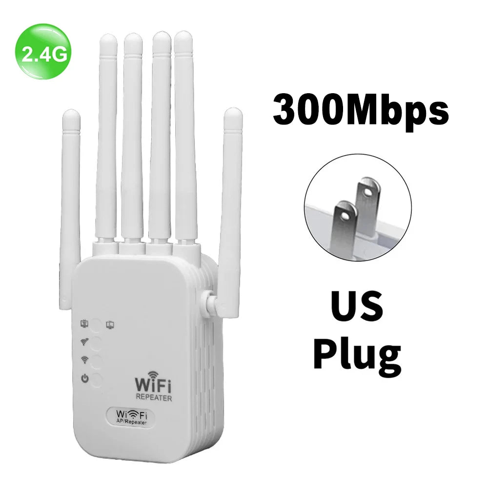 Dual Band Wireless WiFi Signal Extender 300/1200Mbps 2.4G/5G Wireless Repeater with 6 Antennas EU/US Plug Home Network Booster Qme 300Mbps US Plug