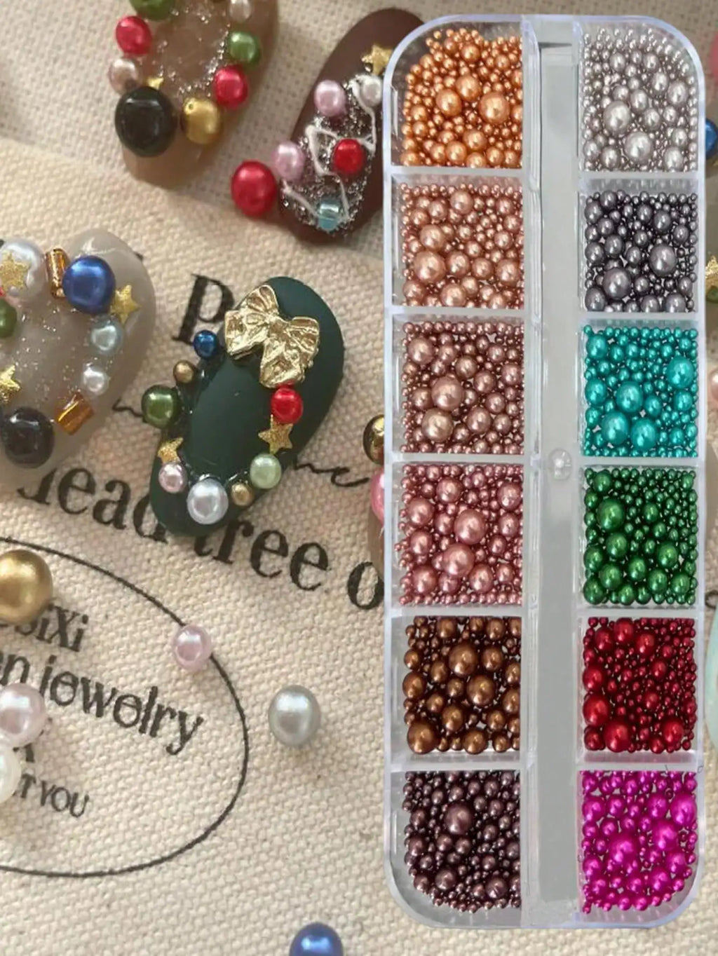 12 Grid Christmas Nail Art Flat Back Imitation Pearl Ornaments Gem Qme