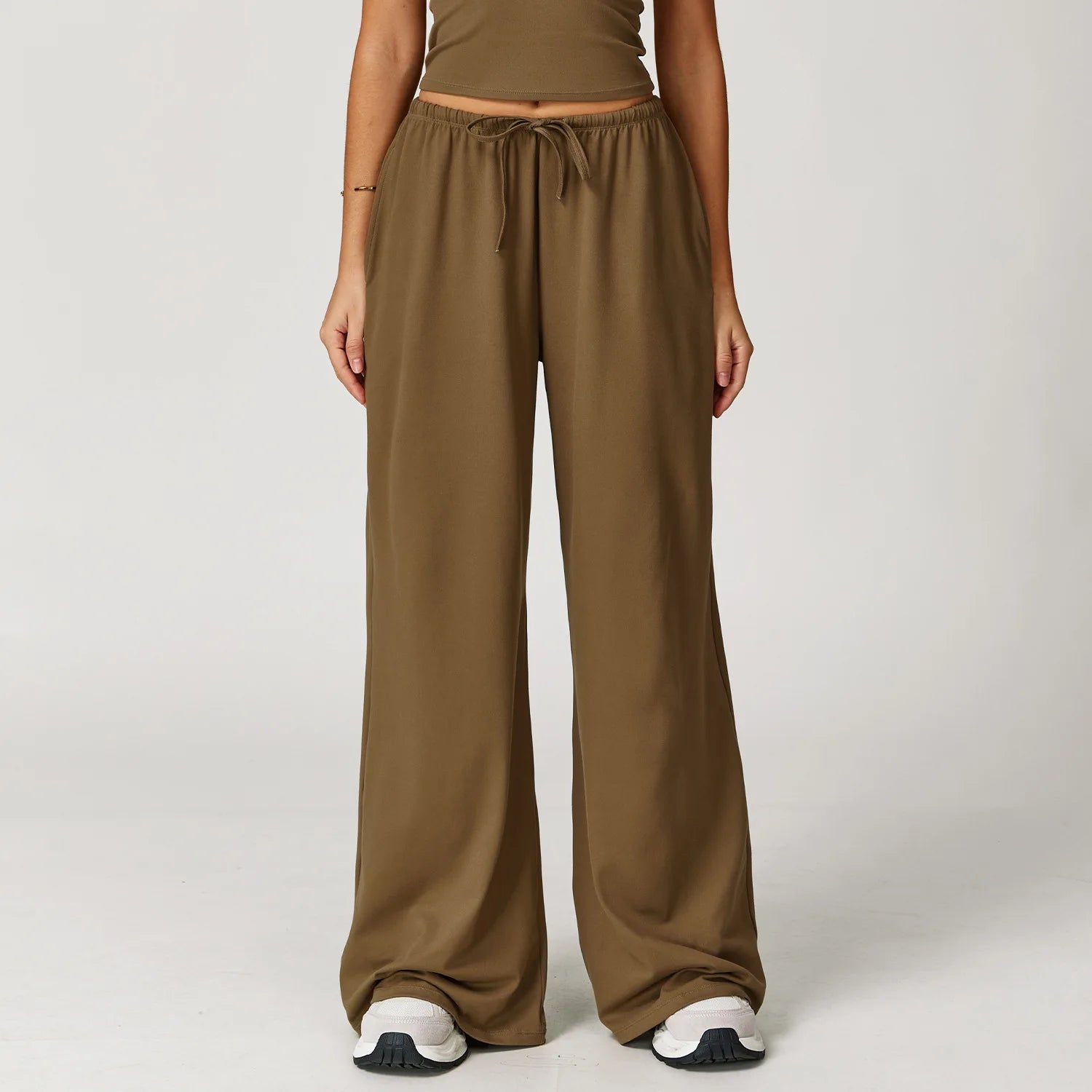 A Women Drawstring High Waist Sports Pants Quick Dry Full Length Wide Leg Yoga Trousers With Pockets For Workout Outdoor Use Qme brown L