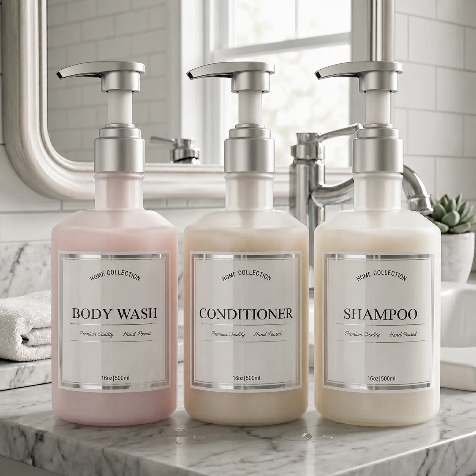 Shampoo and Conditioner Dispenser Bottles Set of 3 Translucent White Plastic Pump Bottles or Body Wash Shower Bath Organization Qme