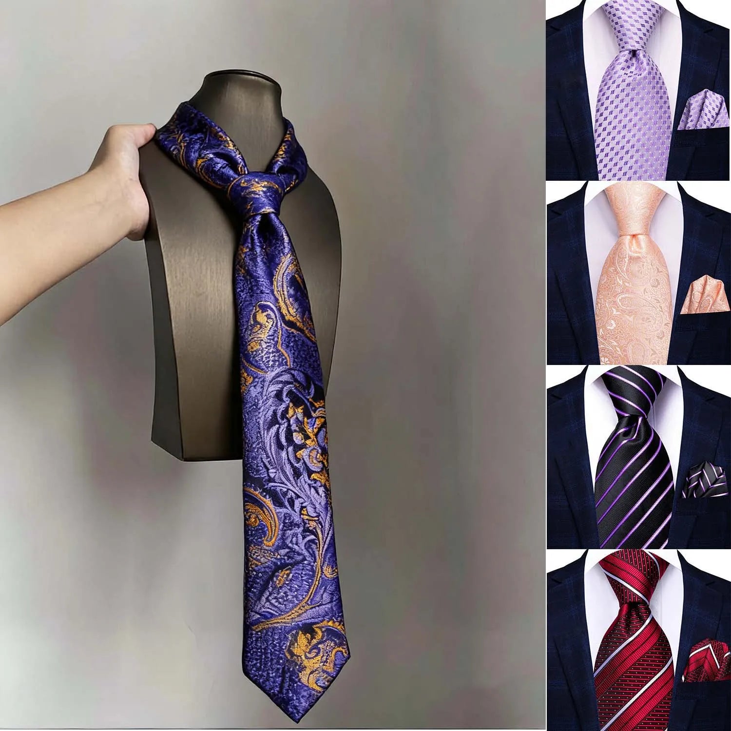 Red Pink Purple Classic Men Necktie Pocket Square Formal Wedding Silk Qme