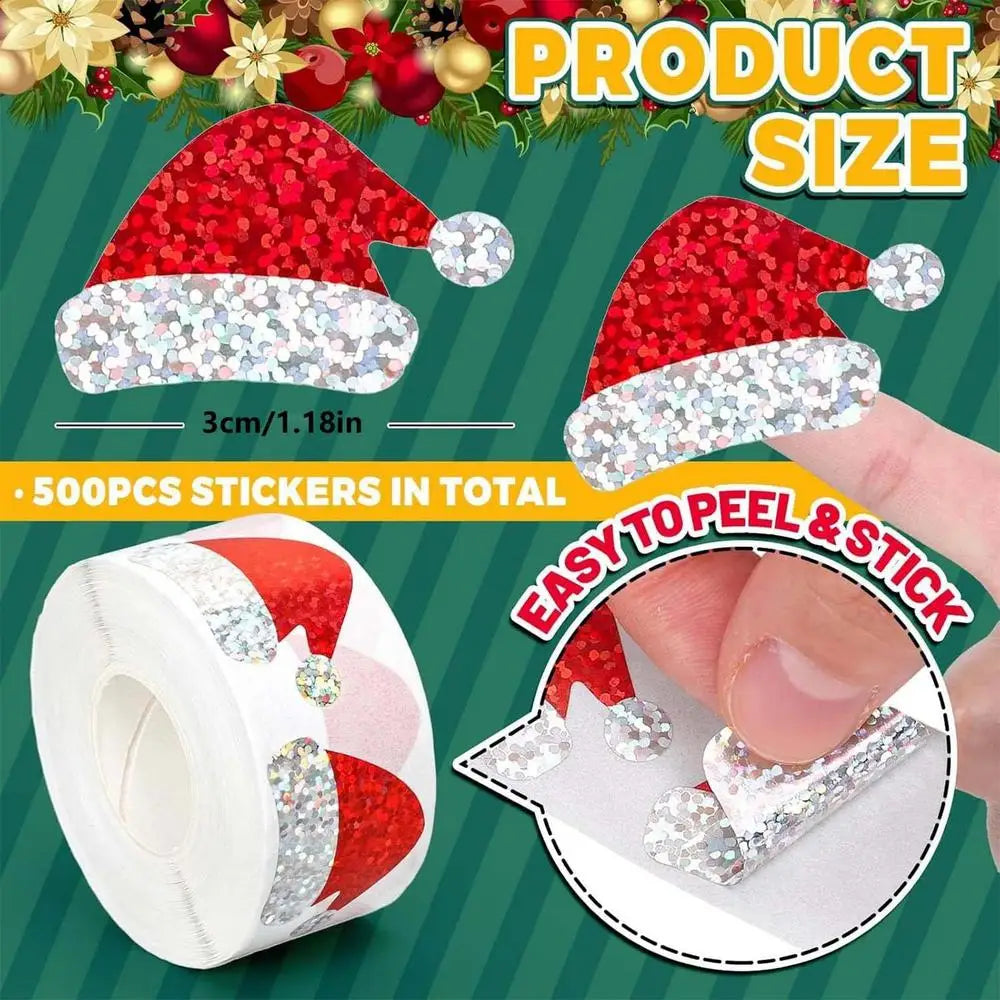Santa Hat Stickers Roll 500 Pieces Christmas Decor Stickers Scrapbook Decals for Holiday Home Gathering Party School Kids Adults Qme Red S