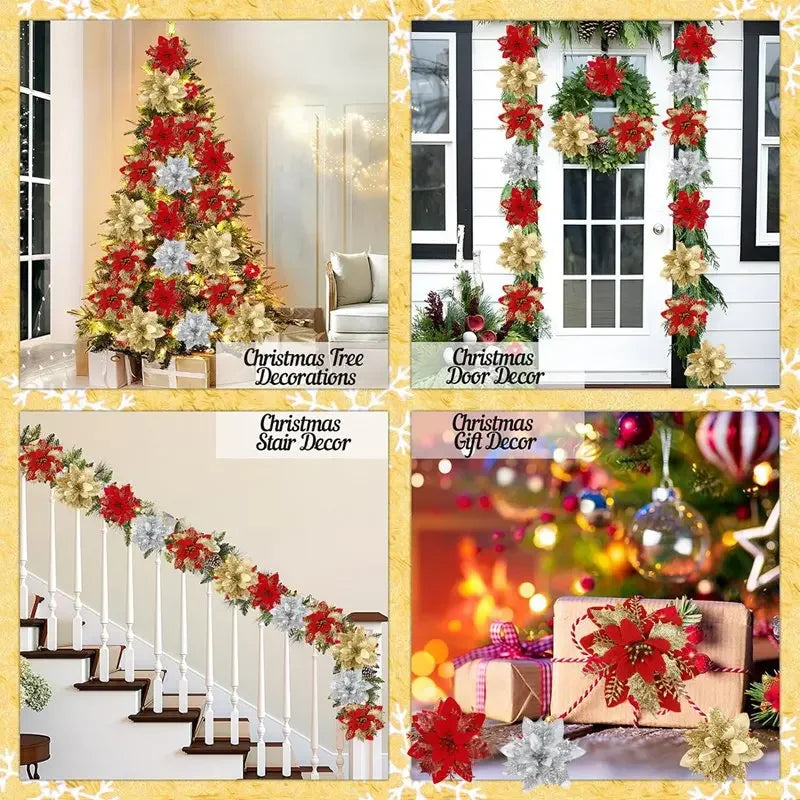 Glitter Christmas Flowers Xmas Tree Ornaments Christmas Decorations for Home 2025 Navidad Noel Natal Gifts New Year 2026 Qme