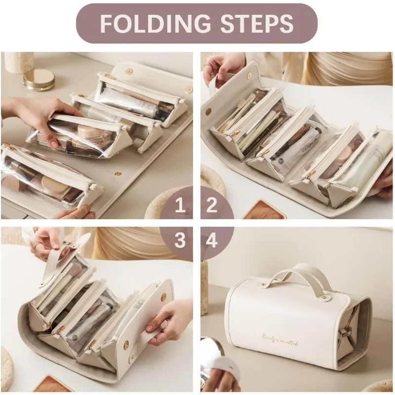 4-in-1 Detachable Leather Cosmetic Bag Waterproof Clear Compartments Qme