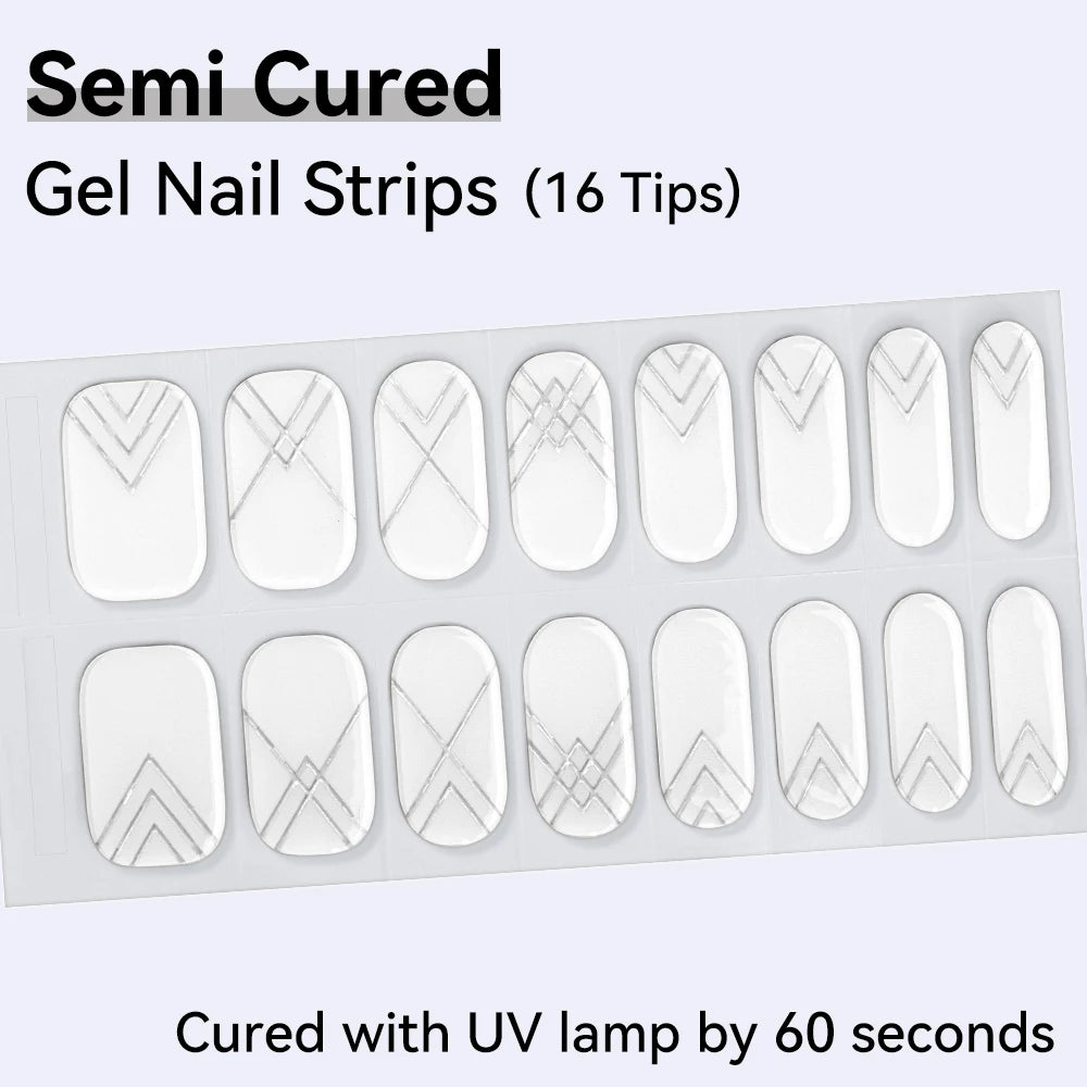 16Tips Semi-cured Gel Nail Sticker Colorful French Glitter UV LED
