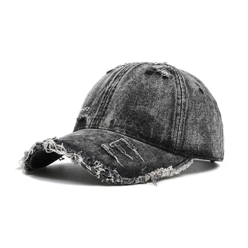 Vintage Washed Denim Baseball Cap Distressed Ripped Fringe Frayed Qme Black