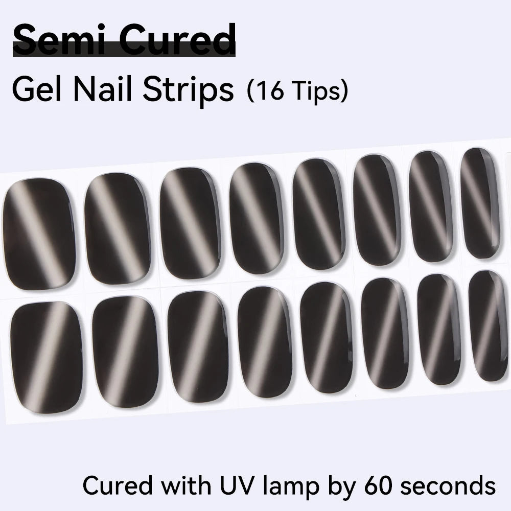 16Tips Red Blue Shine Cat Eyes Semi Cured Gel Nail Stickers Pure Fine Qme NF250056