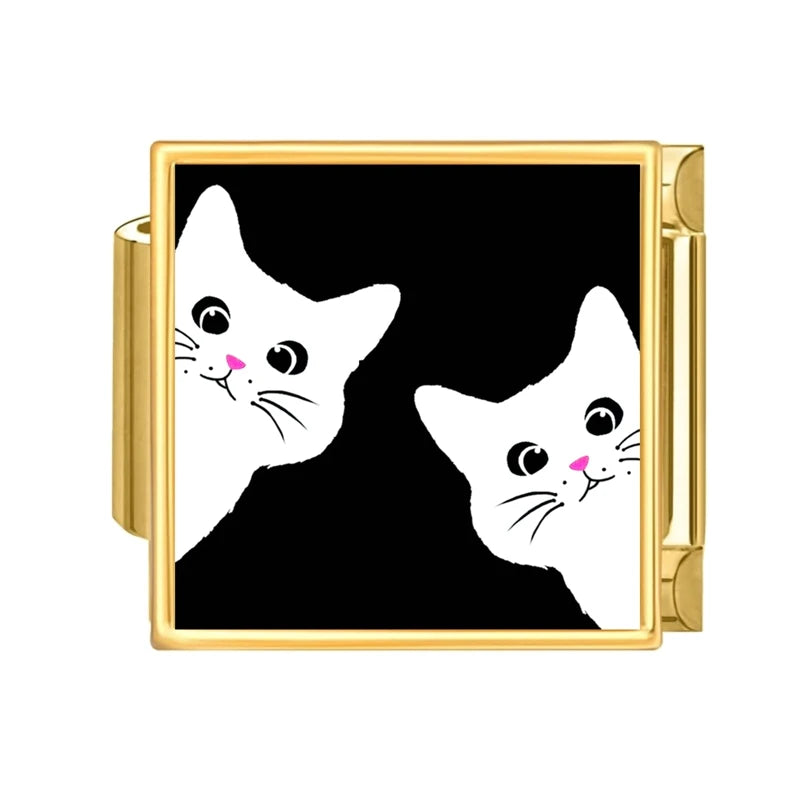 Black Golden Series Cute Cats Dogs Swan Heart Stars Italian Charm Link Fit 9mm Stainless Steel Bracelet DIY Making Jewelry Gifts Qme Style 12