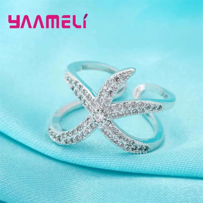 Newest Original 925 Sterling Silver Color Adjustable Ring Big Starfish Paved Shiny White Crystals Opening Rings Women Accessory Qme