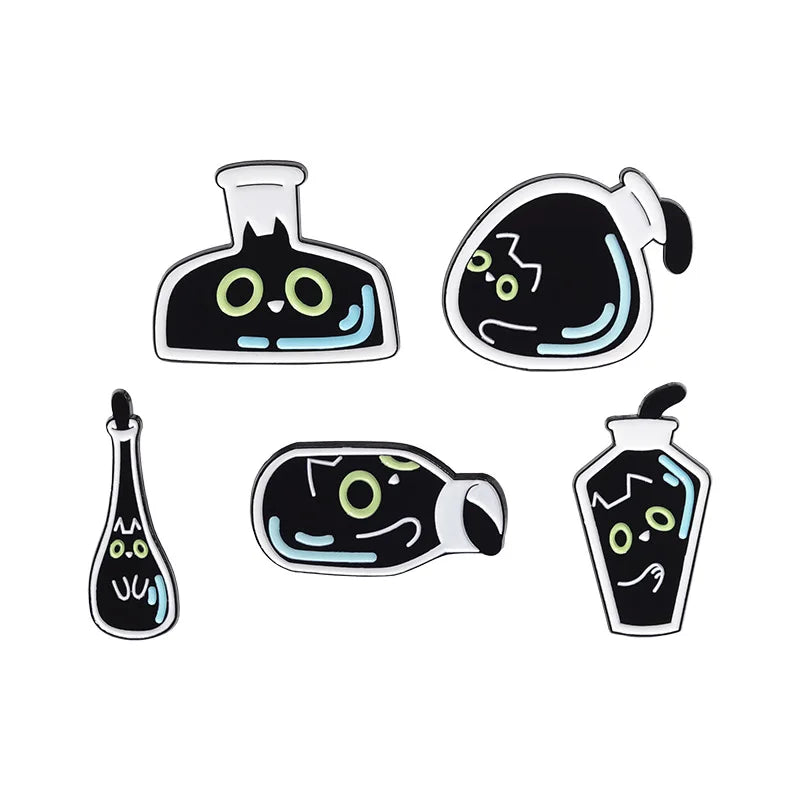 Cute Black Kitten In Bottle Brooch Enamel Pin Funny Cartoon Animal Metal Brooch Backpack Lapel Badge Decoration Jewelry Gift Qme set