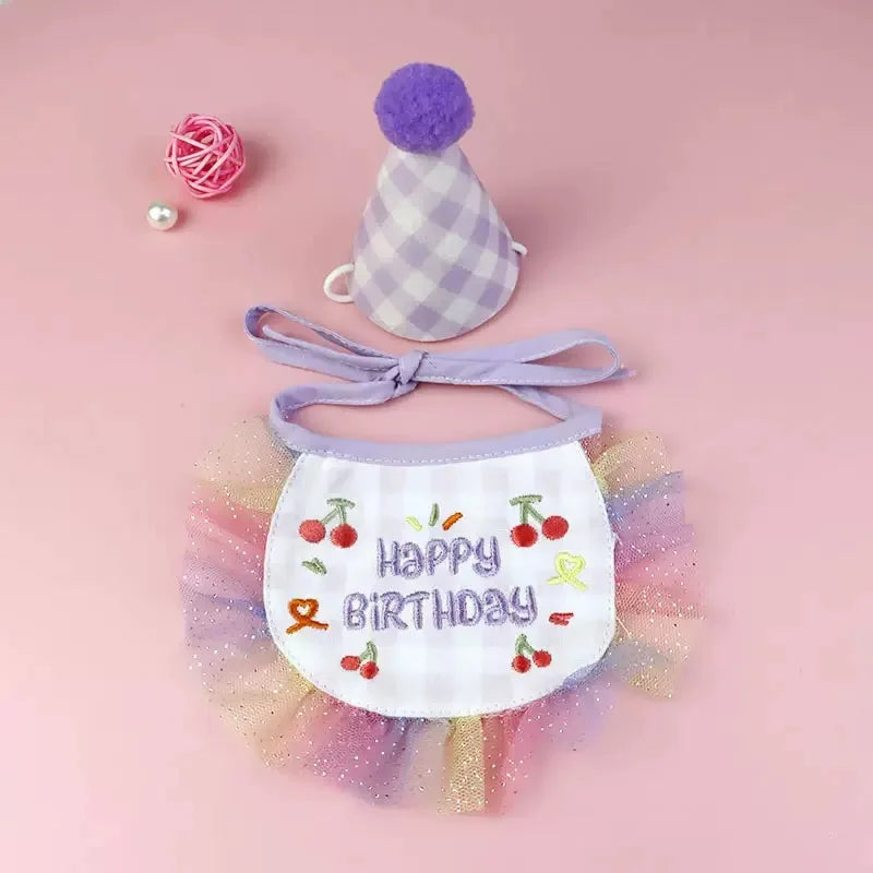 2-piece Pet Birthday Hat Scarf Set - Cute Embroidered Cat Headscarf - Checkered Pattern Lace Scarf Pet Party Supplies Decoration Qme PURPLE