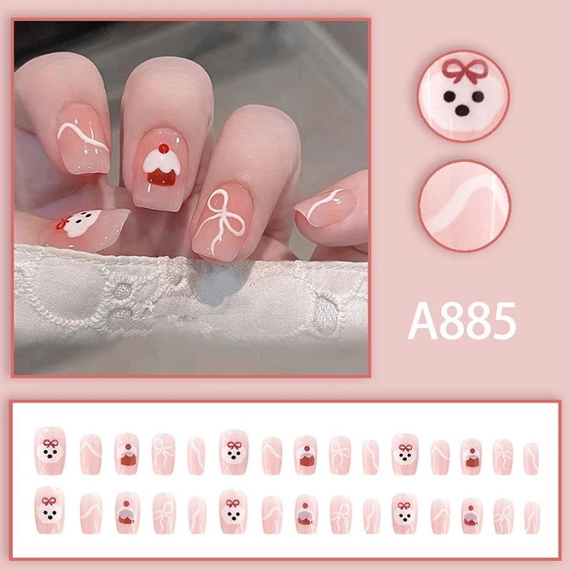 Lovely Dog Bow Cake Short Square False Nails Jelly Adhesive Qme