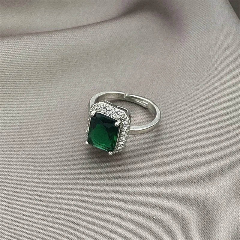 Luxury Elegant Sparkling Emerald Open Zircon Ring for Women Adjustable Luxury Silver Color Inlaid Square Green Pink Zircon Rings Qme green resizable