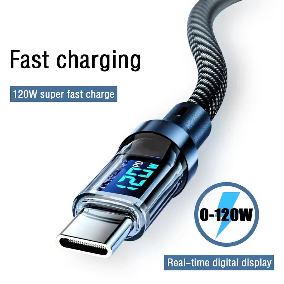 120W USB A to Type C Quike Data Transmission Cable Cord Phone Quike Charging Cable LED Display Line For Samsung iPhone Xiaomi Qme