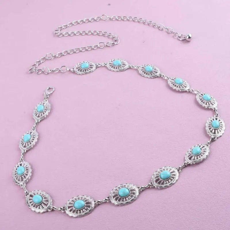 Fashion Bohemian Female Circular Waist Chain Luxury Turquoise Ellipse Chain Belt For Women Suitable For Skirts Dress Qme