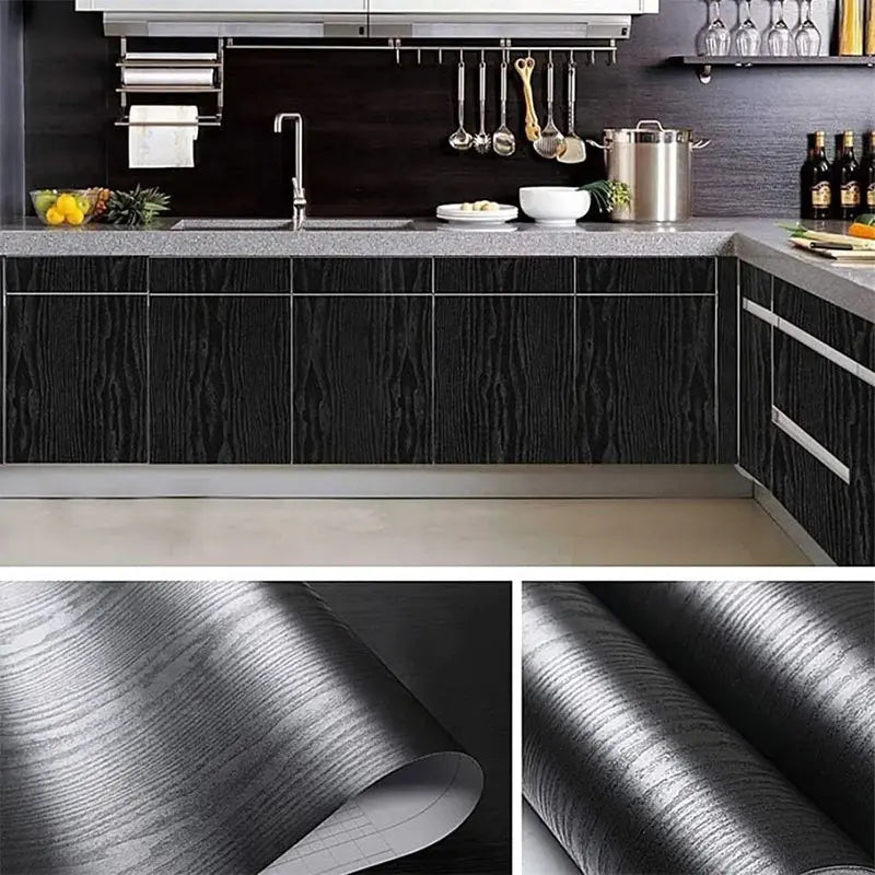 40cm Black Wood Grain Simple Waterproof Home Decoration Oil Resistant Kitchen Cabinet Kitchen Desktop Self-Adhesive Wallpaper Qme A 40CMX3M