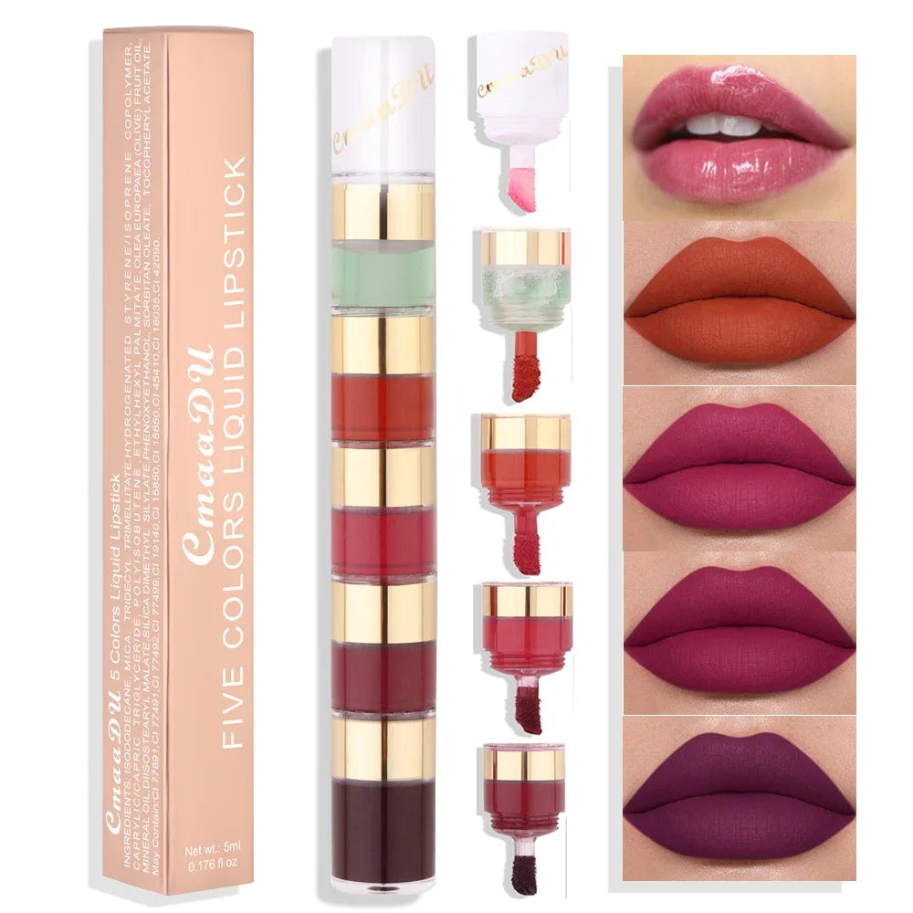 5 In 1 Matte Lipstick Kit Combo Strip Velvet Sexy Red Lip Tint Non-stick Cup Lip Gloss Lip Oil Makeup Lips Cosmetic Set Qme