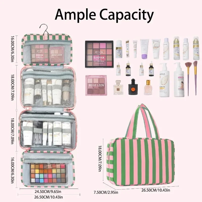 Foldable Hanging Travel Makeup Bag Wet Dry Compartments Striped Multi Qme