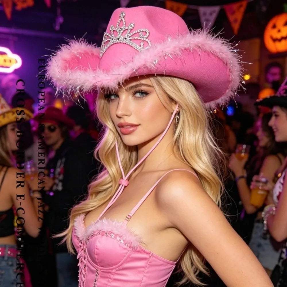 Wide Curved Brim Rhinestone Tiara Cowgirl Hat Western Shape Retention Qme