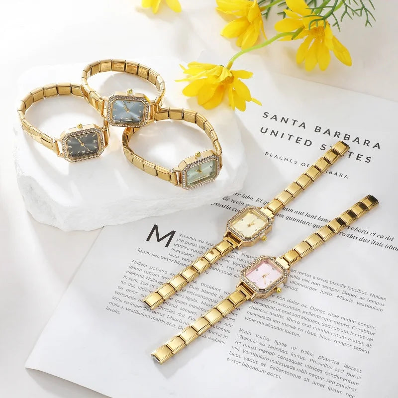 2026 Golden Round Watch Gift Watch Men Women 9MM Width Italian Elastic Charm Stainless Watch Header Linker Bracelets Jewelry DIY Qme