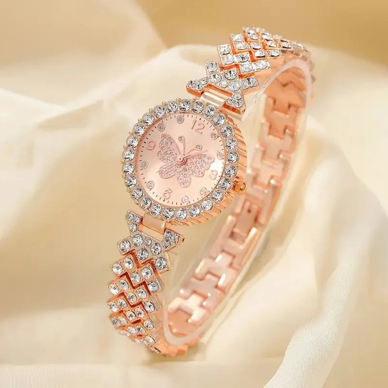 New Women's Watch Butterfly Series Fashion Style Versatile Personality Full Diamond English Steel Belt Watch Qme