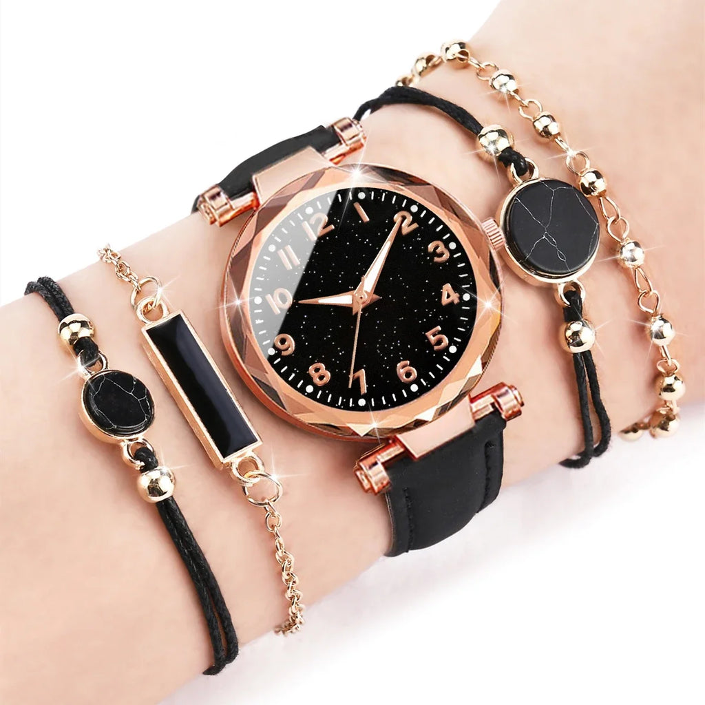 5PCS/Set Women‘s Watches Ladies Fashion Leather Band Analog Quartz WristWatch Bracelets Set Qme