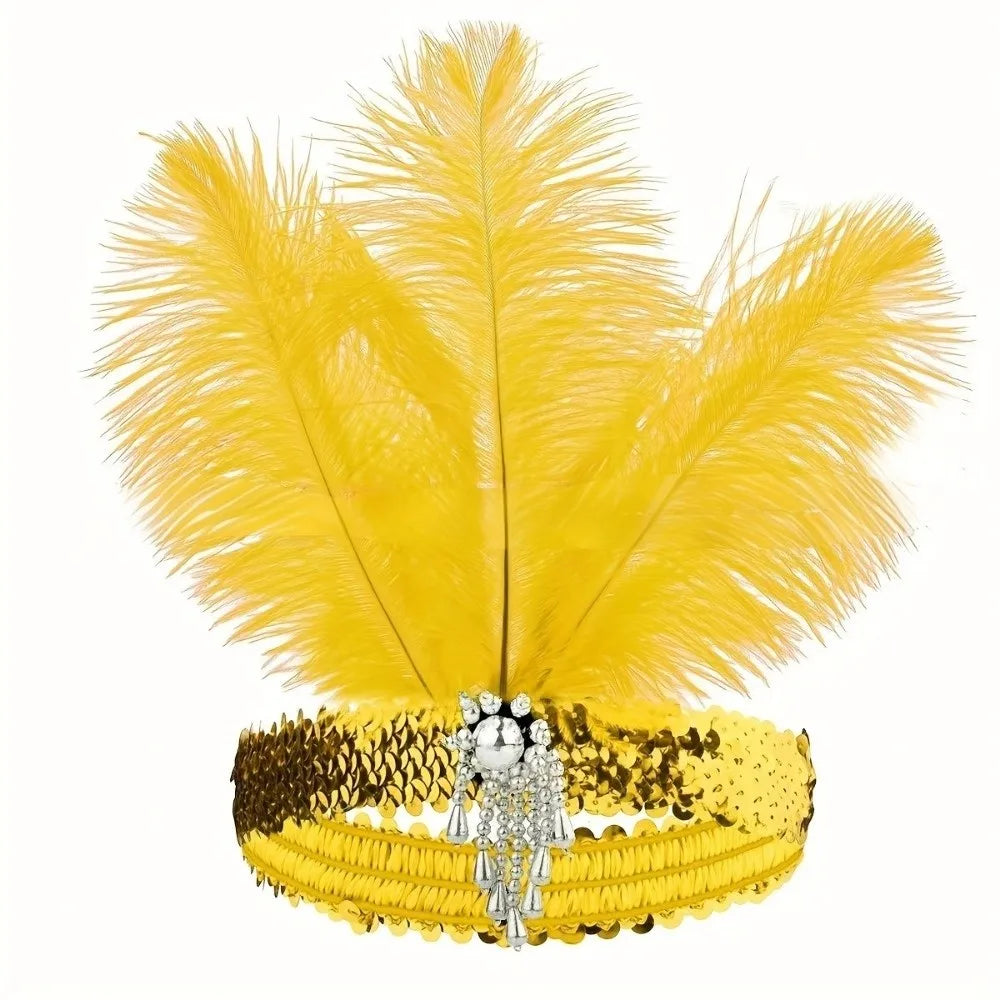 Exquisite Retro Women's Feather Headband Sequin 1920s Girls Hair Hoop Qme Yellow