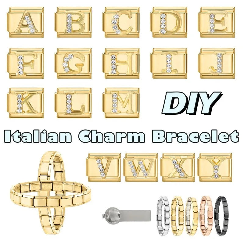Wholesale Shiny CZ 26 Letters A-Z Gold Color Italian Charms Gold Plated 9mm Stainless Steel Modular Bracelet DIY Jewelry Gift Qme