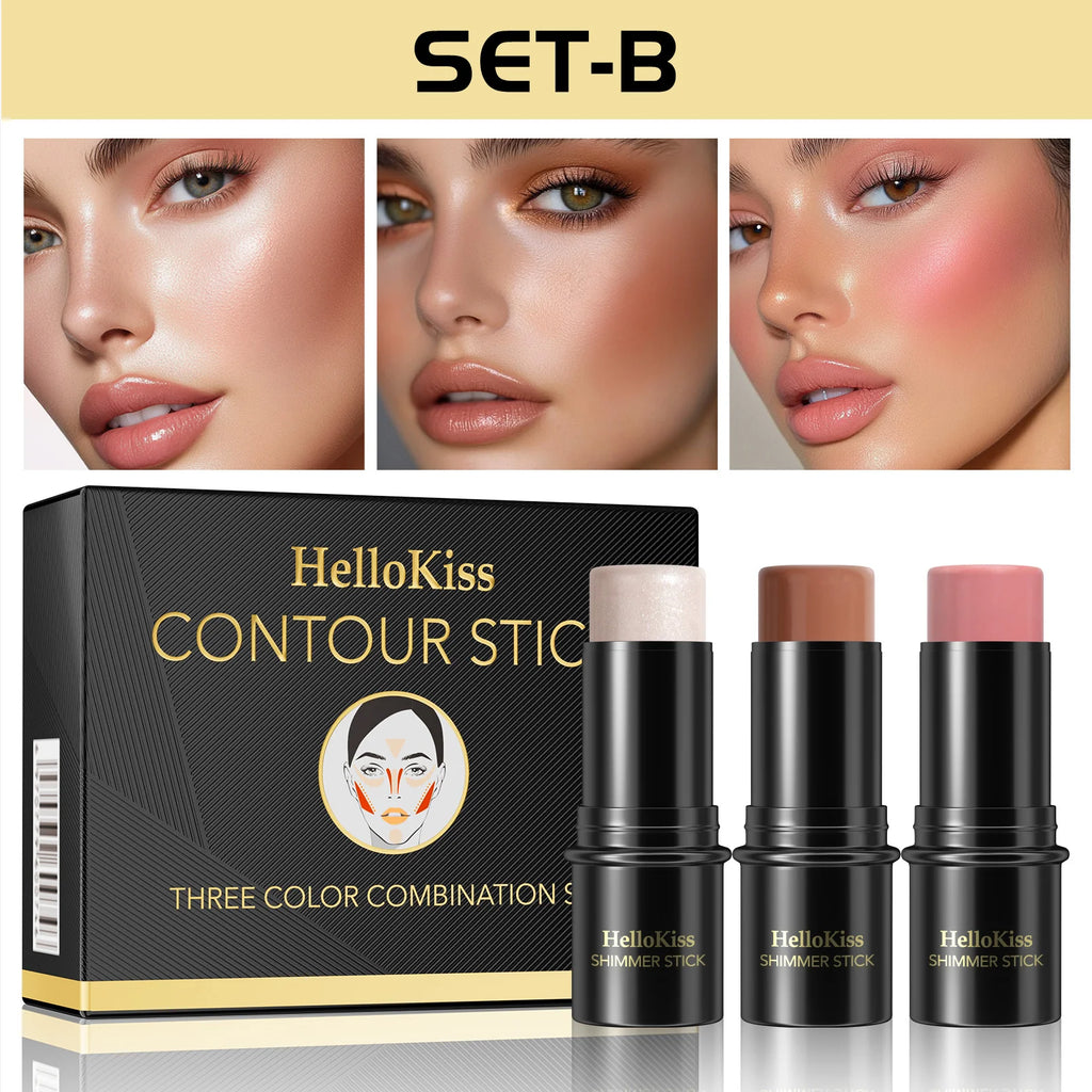 4pcs Contour Stick, Highlighter Stick, Blush Stick 4pcs Cream Contour Kit with Contour Brush, Create Face Contour, Non-greasy Qme 9504B