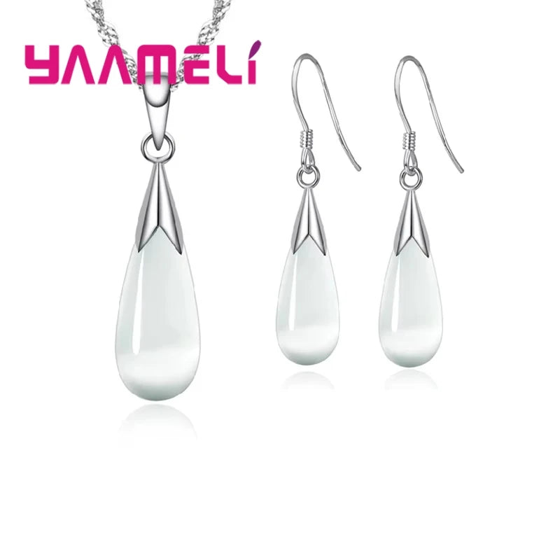 Pure Jewelry Set Simple 925 Sterling Silver Color White Pink Water Drop Opal Cat Eye Stone Pendant Necklace/Hook Earrings/Chain Qme