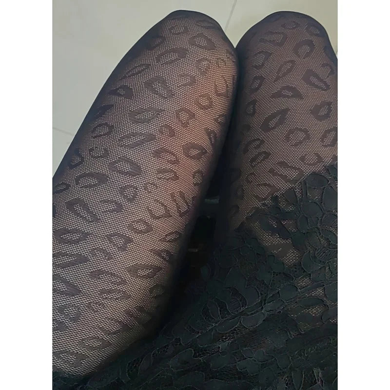 Women Black Sexy Vintage Seamless Stockings Leopard Pattern Sheer Qme