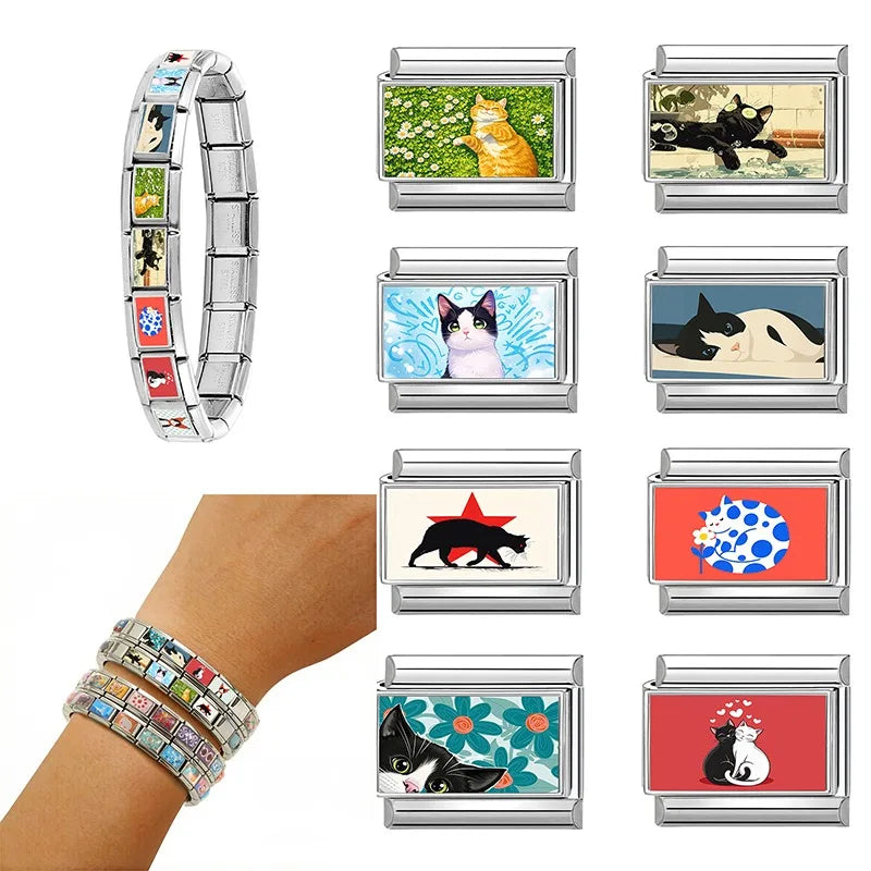 Fashion Green Grassland Daisy Flowers Cats Series Italian Charms Fit 9mm Stainless Steel Women Fashion Bracelet DIY Jewelry Gift Qme