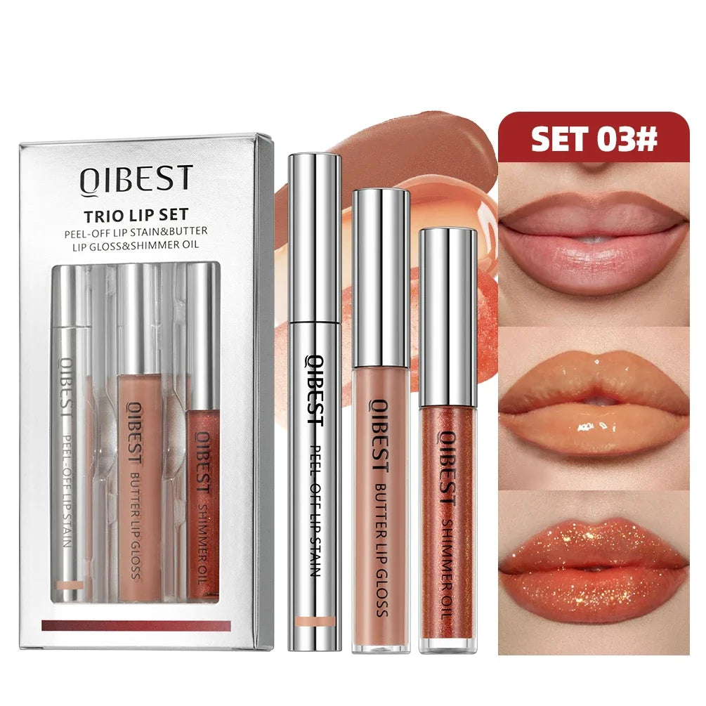 QIBEST Multifunctional Makeup Kits Include Tear Off Lip Stain,Mirror Lip Glaze,Shimmer Lip Oil Gloss Lasting Lip Cosmetics Sets Qme SET 03