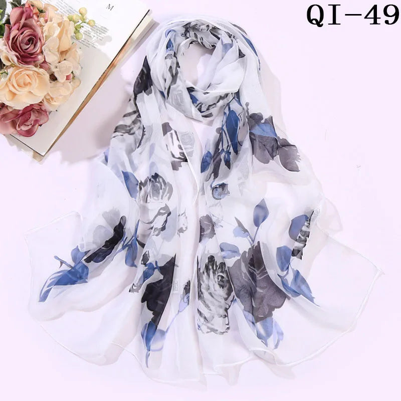 Painting Lotus Beach Sun Protection Chiffon Georgette Scarf Women Foulard Scarf Shawls Female Long Wraps Beach Sunscreen Hijab Qme QI-49