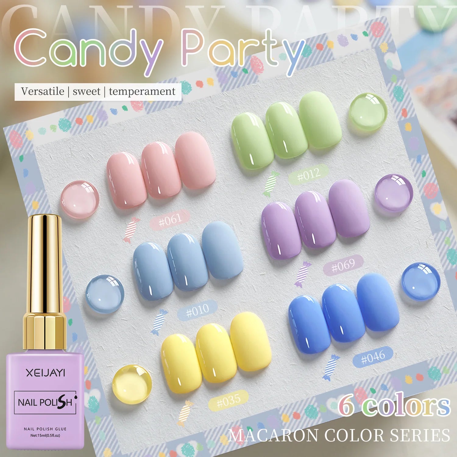 Candy Color Gel Nail Polish Set, 6 Colors High Saturation Macaron Solid Nail Gel, Pastel Purple Peach Pink Salon Quality Varnish Qme Set of 6pcs