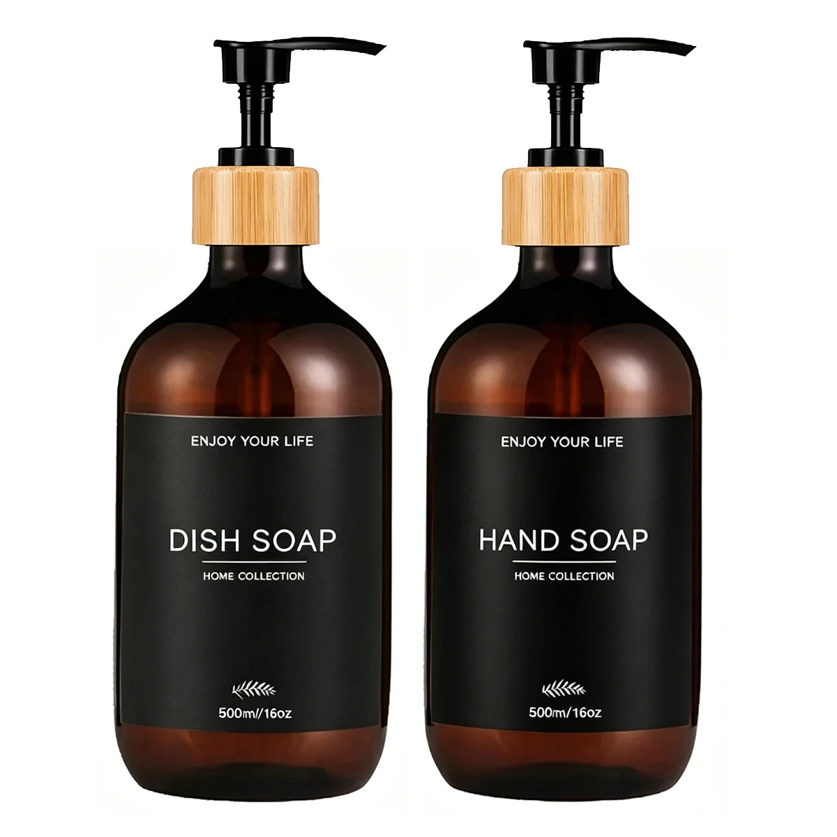 Refillable Amber Plastic Soap Dispenser with Bamboo Pumps Shatterproof Bottles for Shampoo Conditioner Body Wash Hand & Dish Qme 2PCS-A
