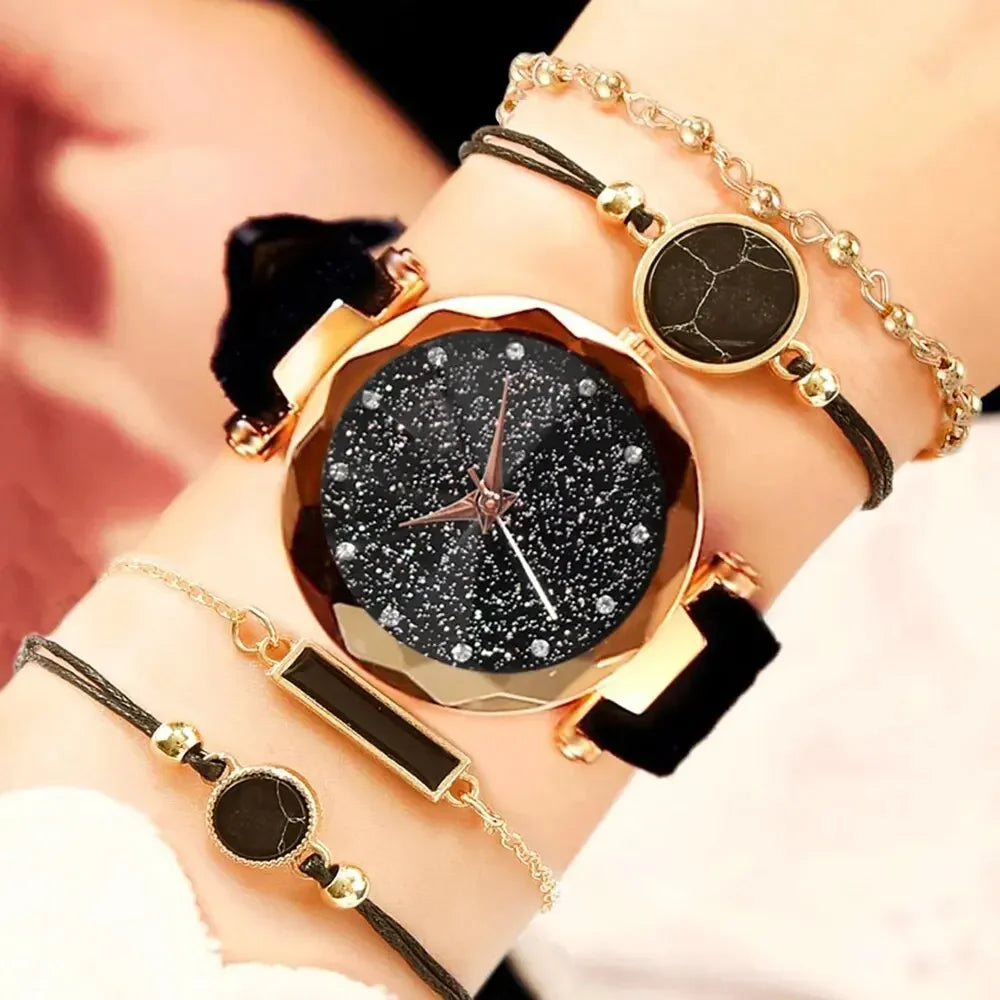 Set of analog watches for women, new simple and casual wristwatch, black bracelet without box, fashion for women, 5 pieces Qme