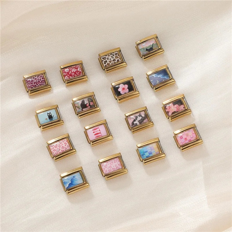 Wholesale Gold leaf Leopard Print Fish Cat Grassland Sea Charm Italian Links 9mm Stainless Steel Bracelet Women DIY Jewelry Gift Qme