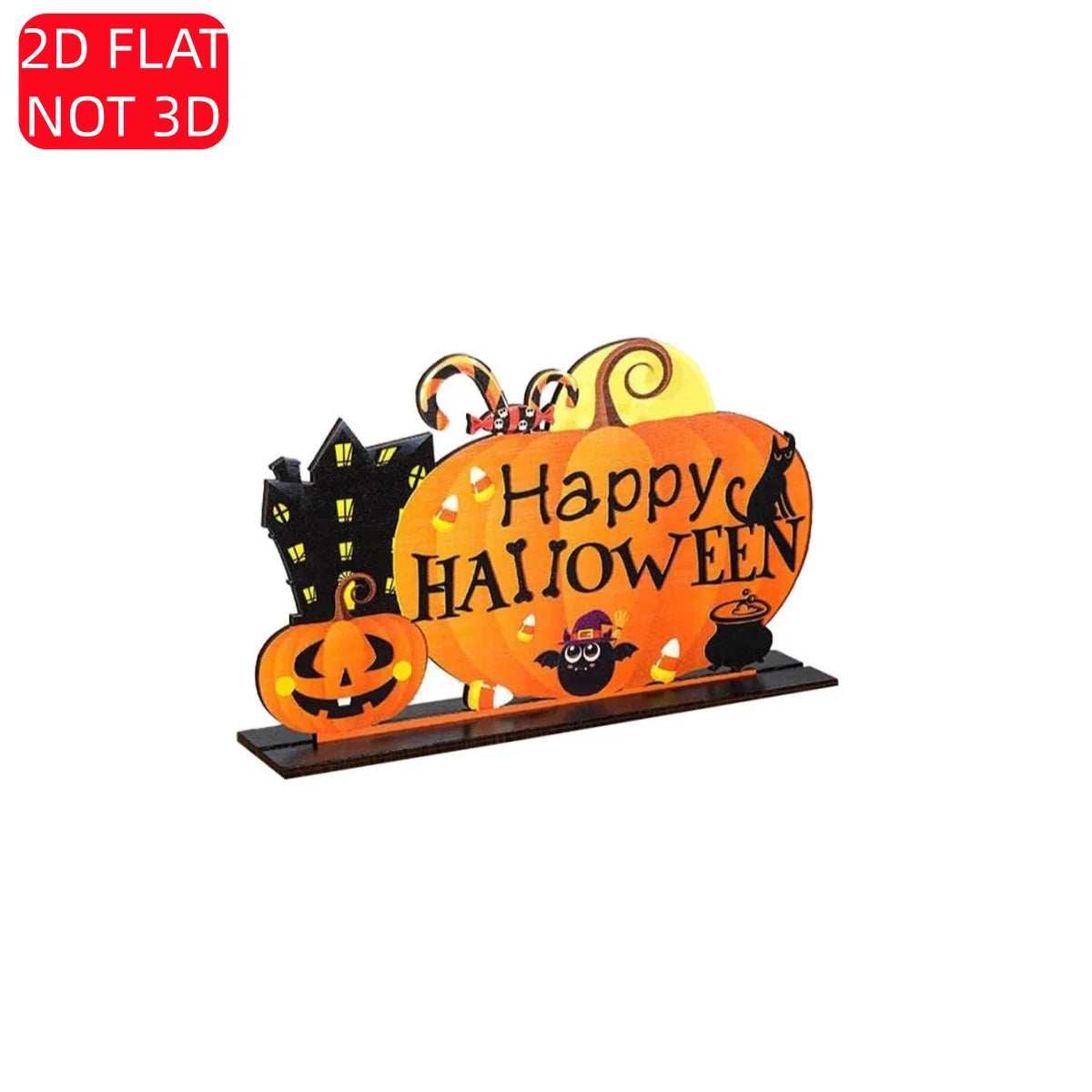 Halloween 2D Wooden Desktop Sign - "Happy Halloween" Pumpkin Ghost House Corn Candy Bat Decoration, Halloween Decoration Qme YXZH0337