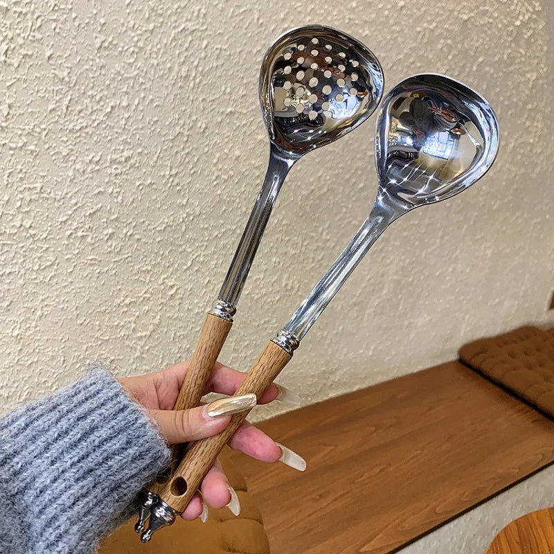 Stainless Steel Wooden Handle Soup Spoon Strainer Household Pot Ladle Qme
