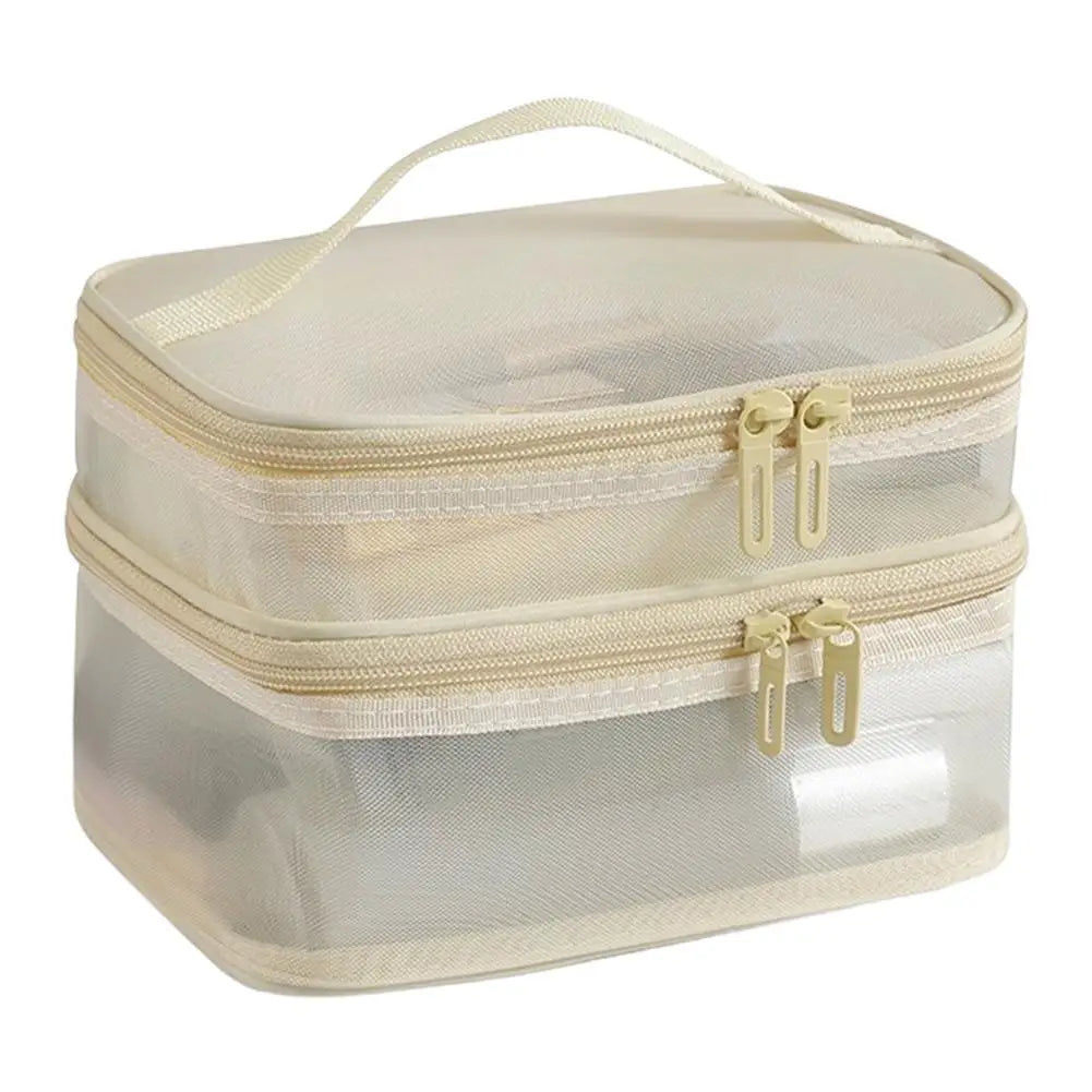 Travel Makeup Bag Handheld Mesh Storage Double Layer Cosmetic Pouch Qme C